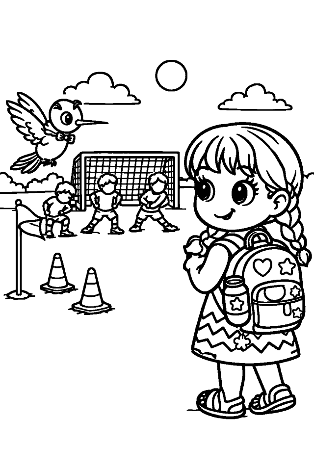 Página para colorear en blanco y negro de Chispa en la Cancha