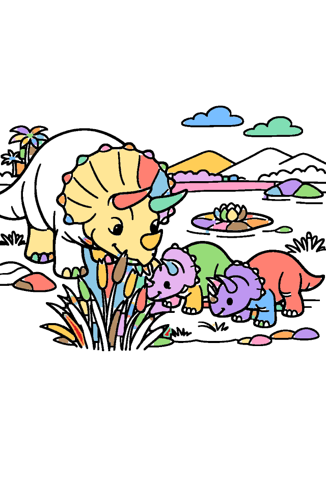 La misma página de Dinosaurios para Colorear, ya coloreada