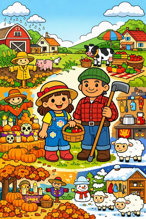Portada de Estaciones en la Granja, un libro para colorear de StoryMint