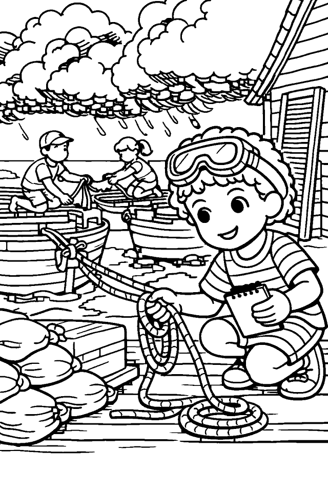 Página para colorear en blanco y negro de Estaciones en la Orilla