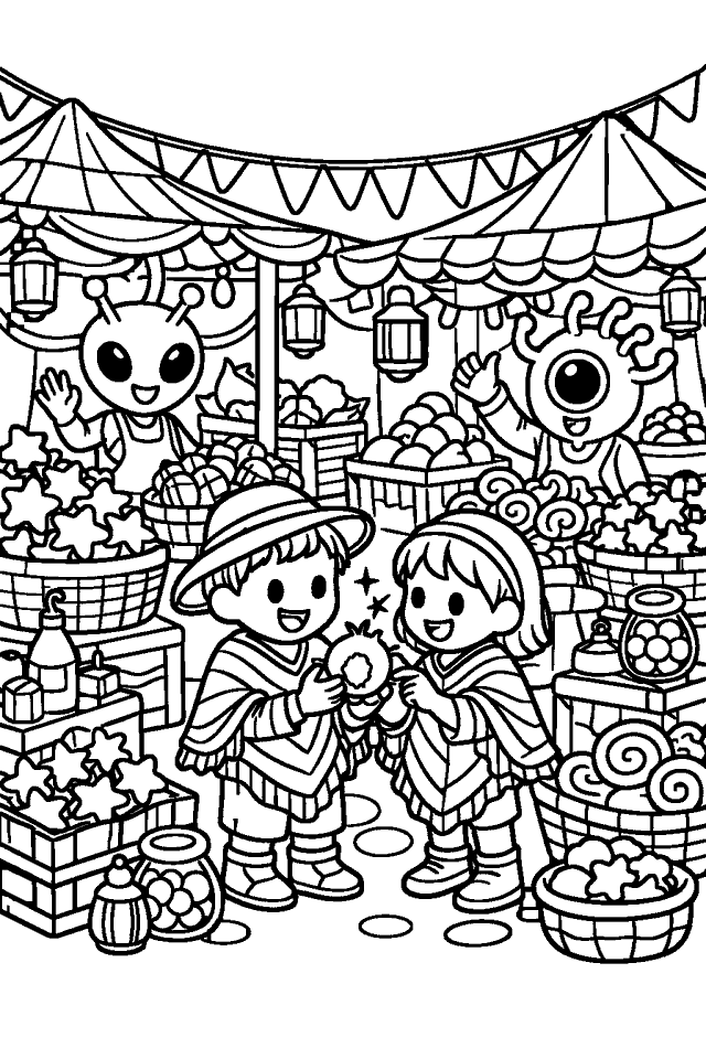 Página para colorear en blanco y negro de Estrellas y Ponchos Mágicos