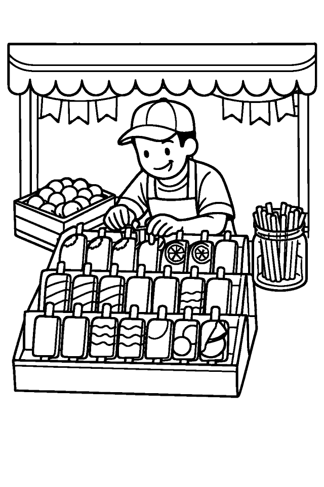 Página para colorear en blanco y negro de Helados y Paletas Alegres