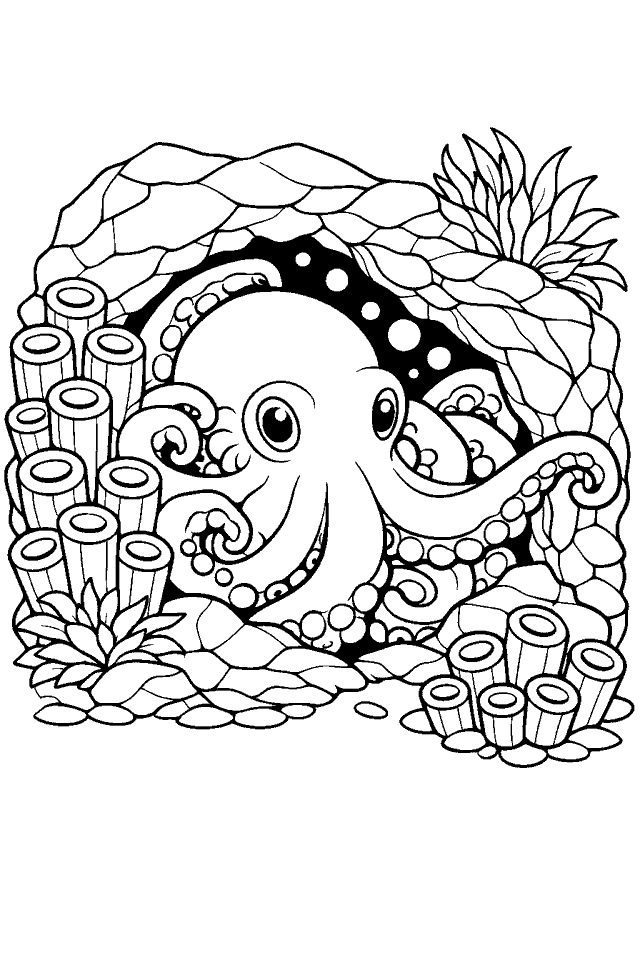 Página para colorear en blanco y negro de Jardín de Arrecifes