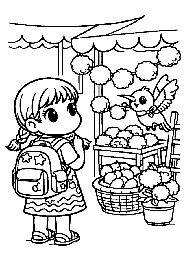 Página para colorear en blanco y negro de Mercado de Mil Colores