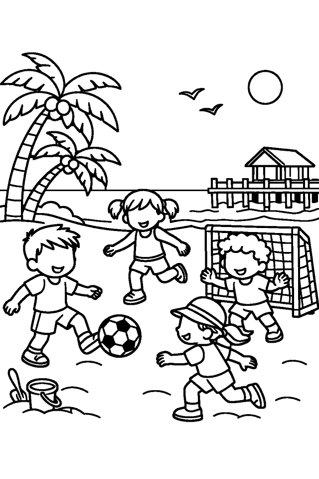 Página para colorear en blanco y negro de Plaza y Pelota Alegre