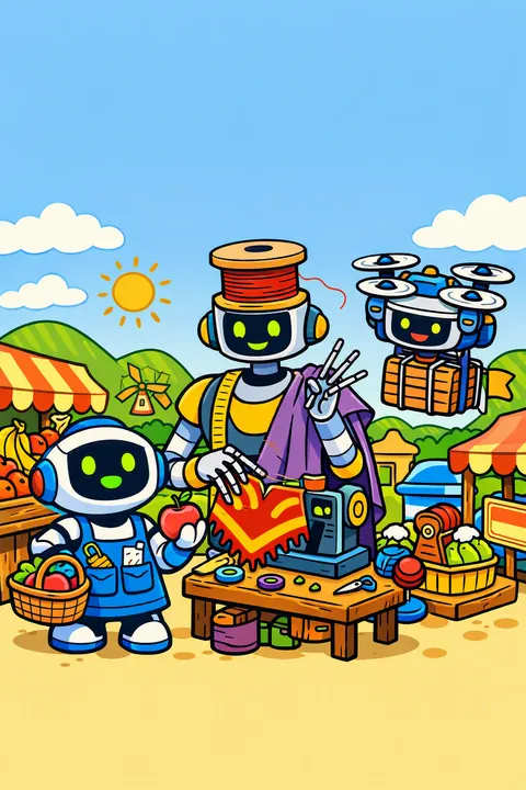 Portada de Robots del Mercado, un libro para colorear de StoryMint