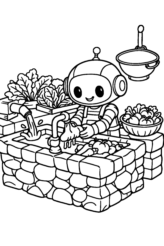 Página para colorear en blanco y negro de Robots del Mercado