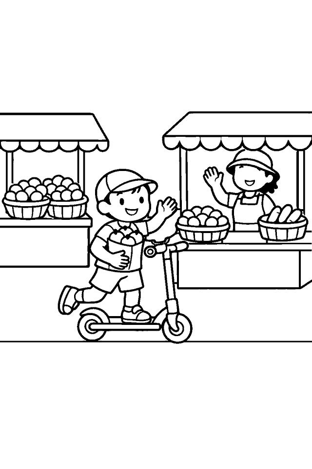 Página para colorear en blanco y negro de Vehículos del Mercado