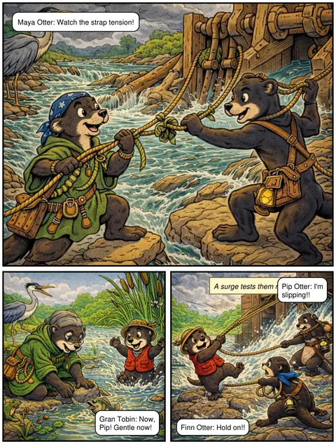 Una página de River Run Rescue con viñetas y globos de diálogo, un cómic de StoryMint